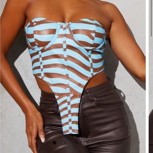 Blue Abstract Printed Faux Leather Extreme Dip Hem Lace V
Back Bandeau Corset